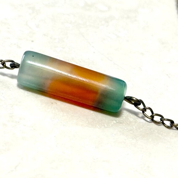 2/$20, Multicolor Dyed Agate Necklace, Gemstone Bar Pendant & Bronze Chain - Picture 7 of 11